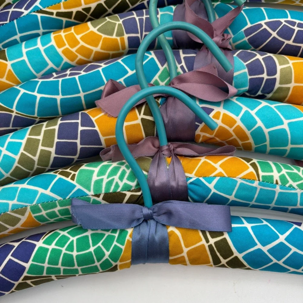 Set of 8 Padded Satin Clothing Hangers Mosaic Stained Glass Print Teal Yellow